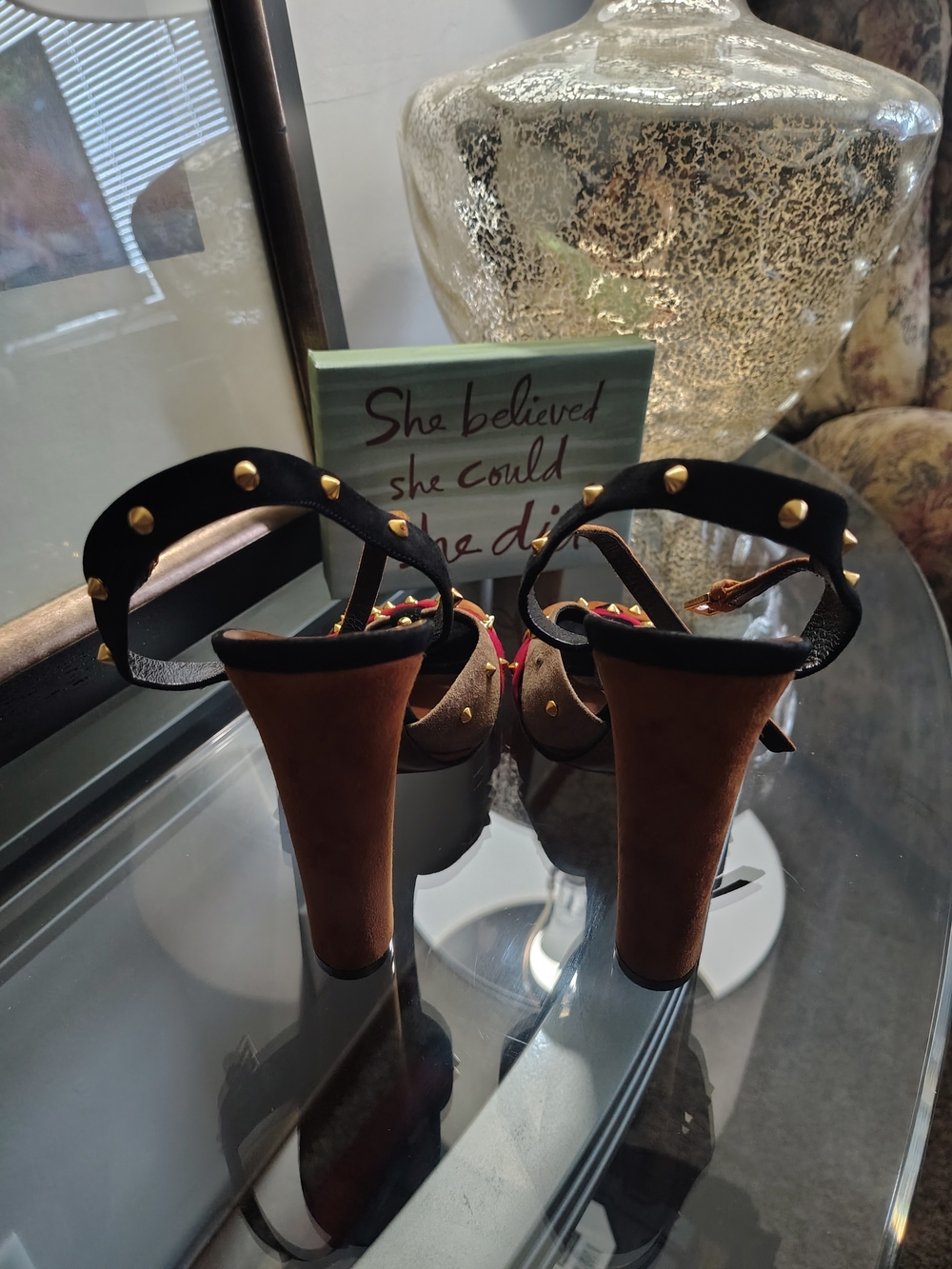 Gucci Women's Multicolor Studded Suede Heeled Sandals - Picture 4 of 7